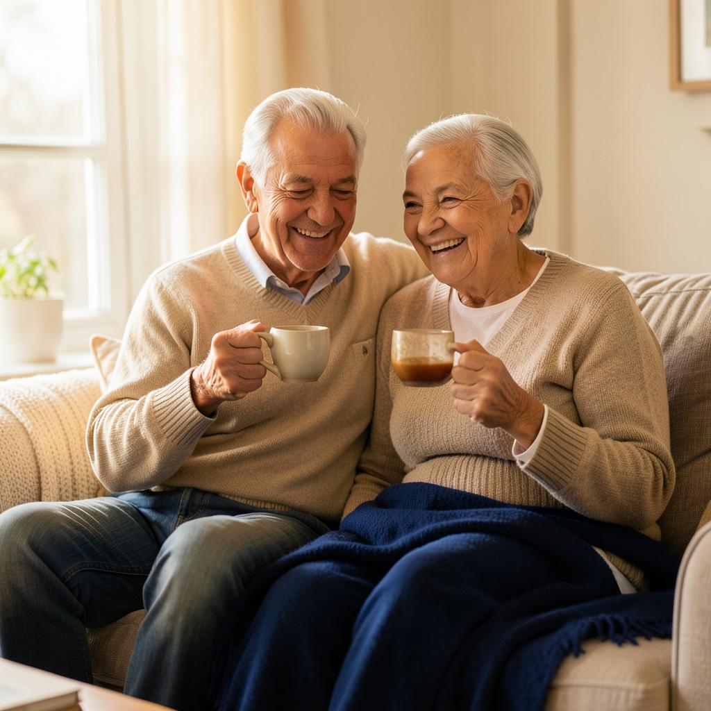 Casal da família Bem Família tomando chá em casa