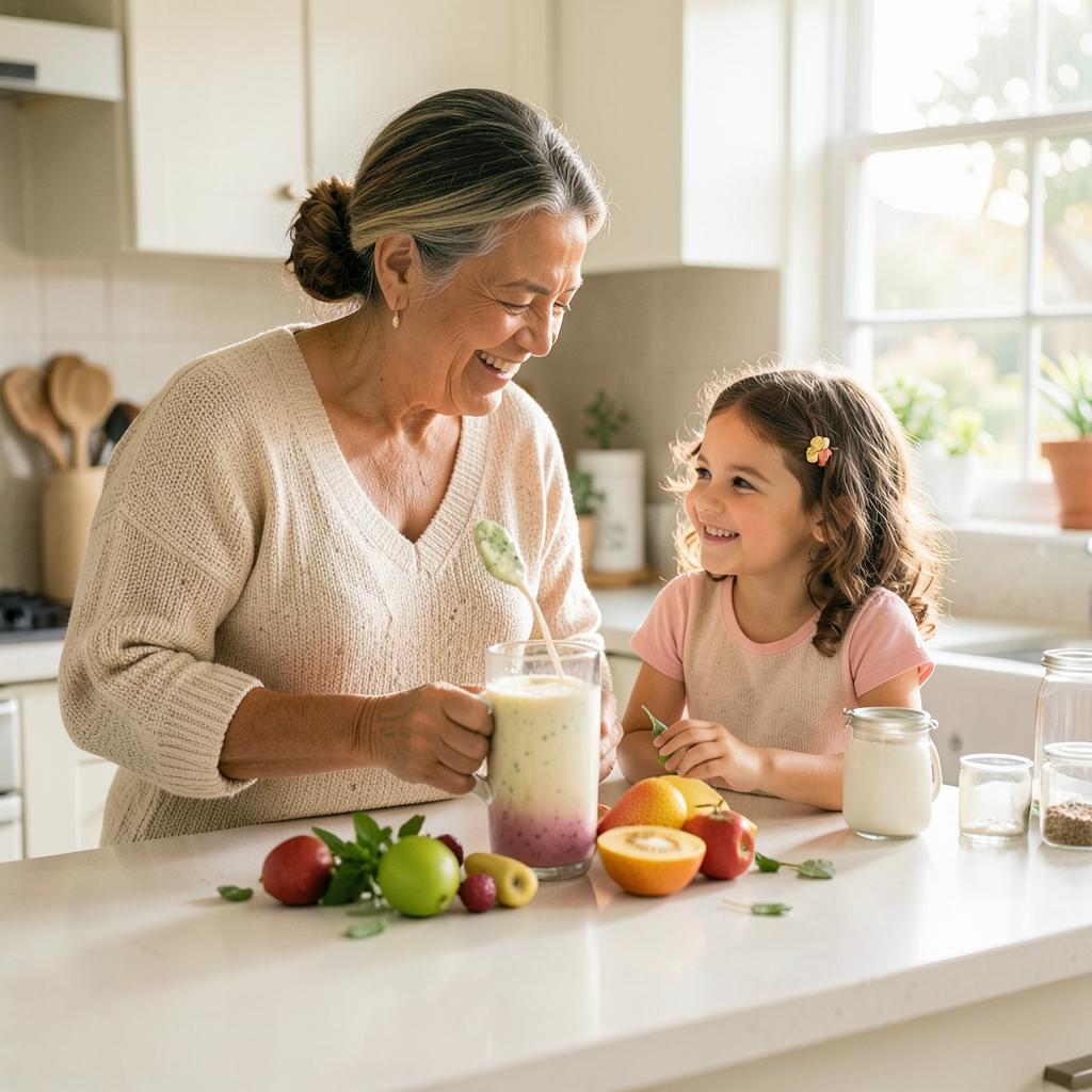 Avó e neta preparando um smoothie saudável na cozinha
